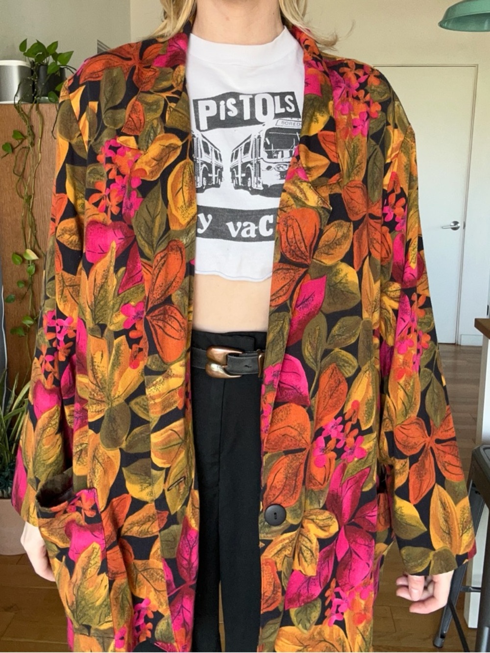 Vintage, Vibrant Floral Leaf Open Blazer - Pink, Orange, Olive